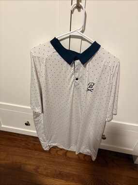 BK White Polka Dot Polo with Navy Collar